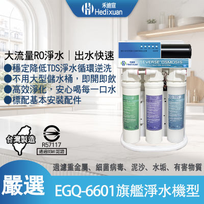 【禾迪宣】EGQ-6601 廚下淨水器，礦泉淨水機型，進口英國淨水循環、純淨好水過濾、0.1奈米過濾除氯抗水垢、通過BSMI認證