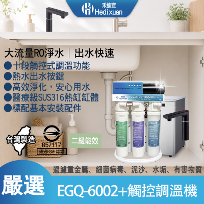 【禾迪宣】十段調溫觸控淨熱飲+EGQ-6002 搭載288tPlus(二溫) 觸控式溫控熱飲機(銀/黑)二級保溫能效，搭載ro淨水，廚下加熱推薦